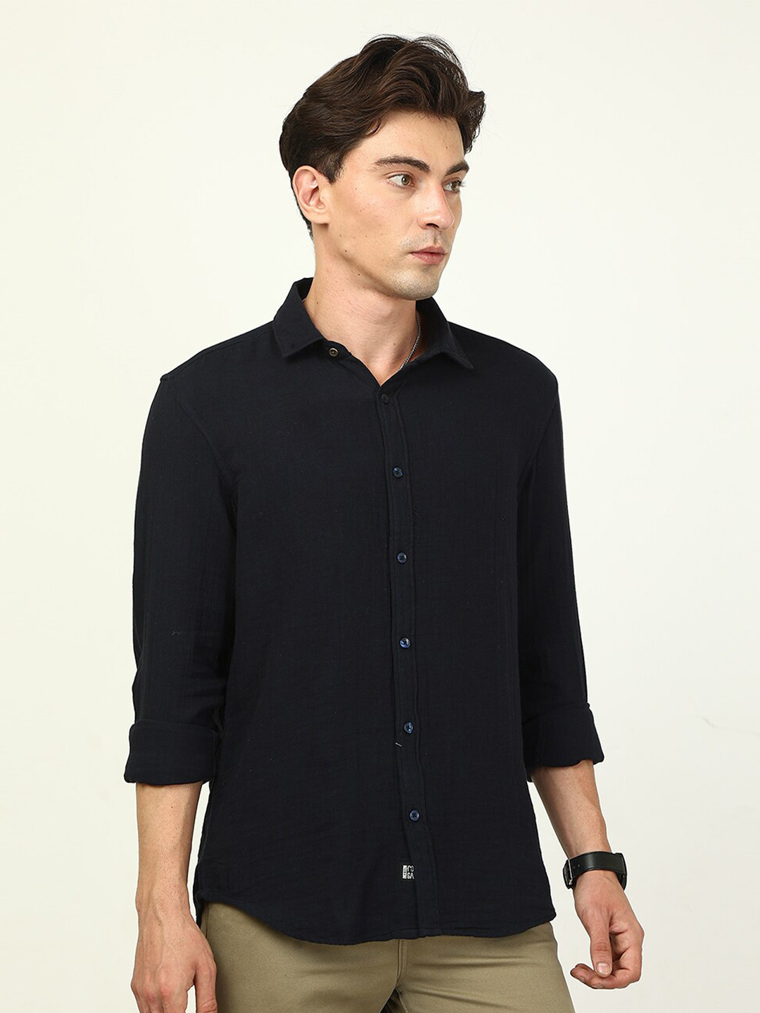 

FOGA New Spread Collar Casual Corduroy Shirt, Navy blue