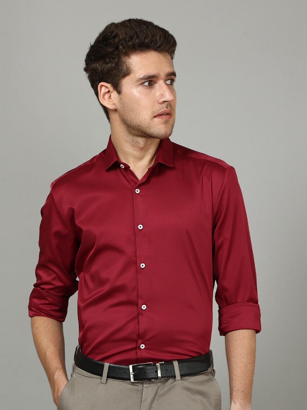 

FOGA Spread Collar New Satin Party Shirt, Burgundy
