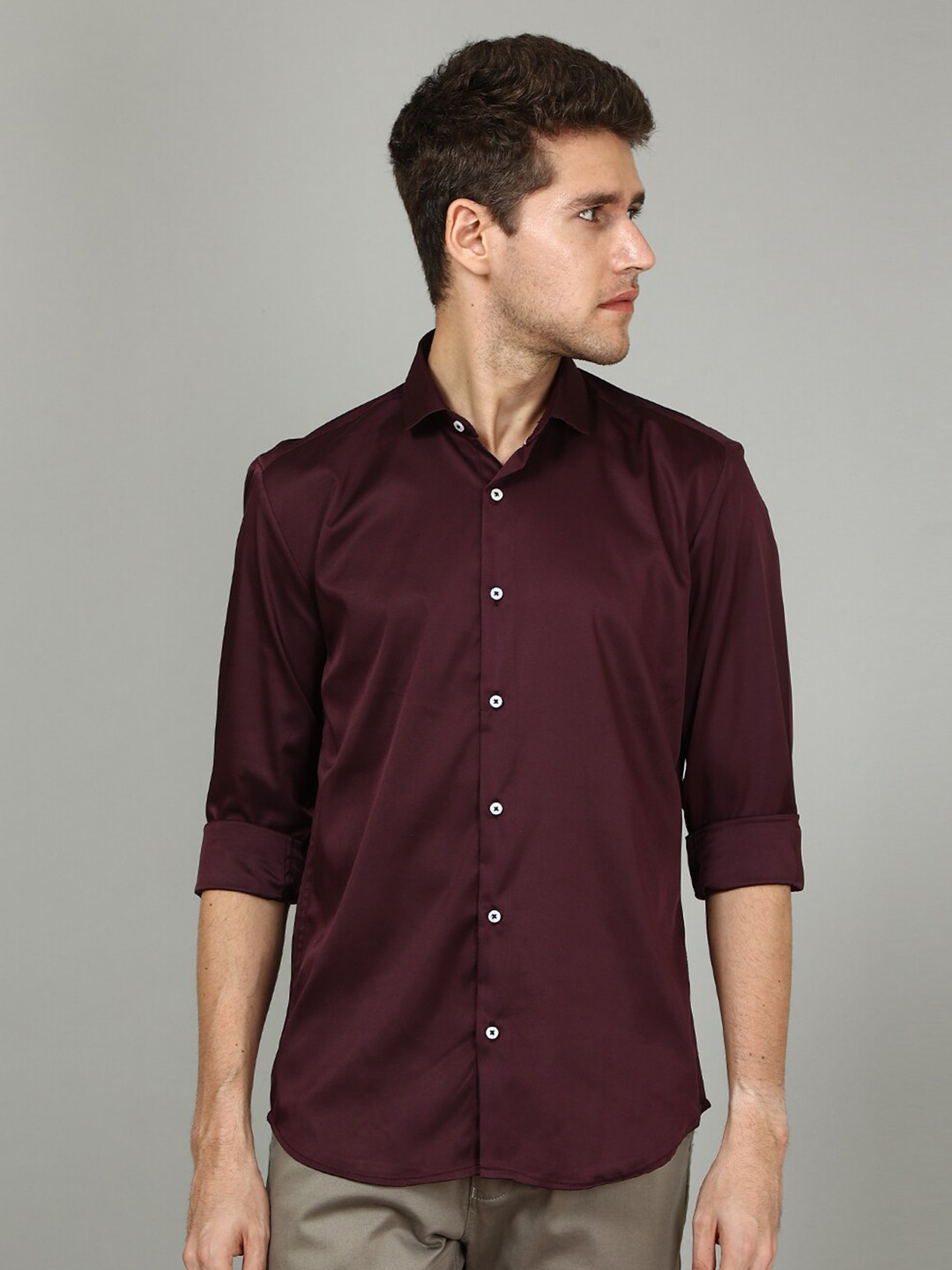 

FOGA Spread Collar New Fit Casual Satin Shirt, Purple