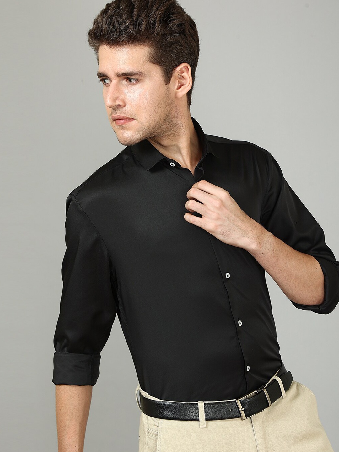 

FOGA New Spread Collar Casual Satin Shirt, Black