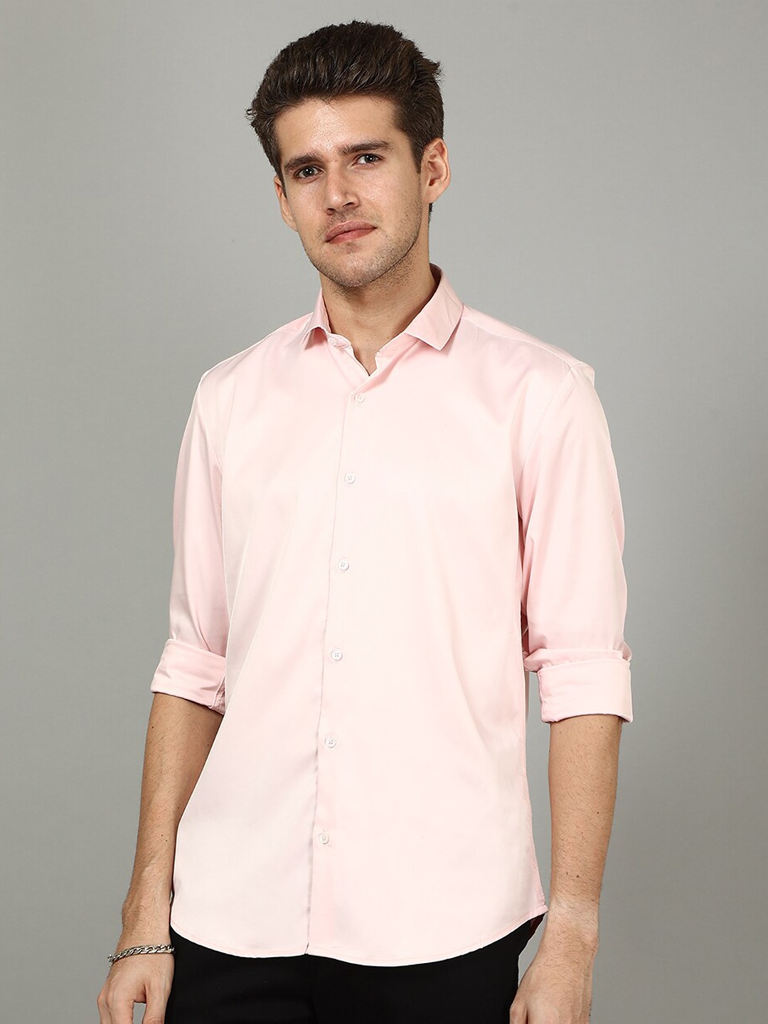 

FOGA Spread Collar New Satin Party Shirt, Pink