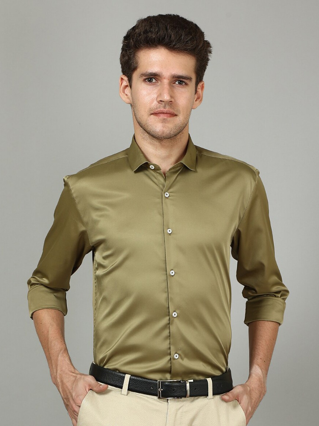 

FOGA New Spread Collar Casual Satin Shirt, Olive