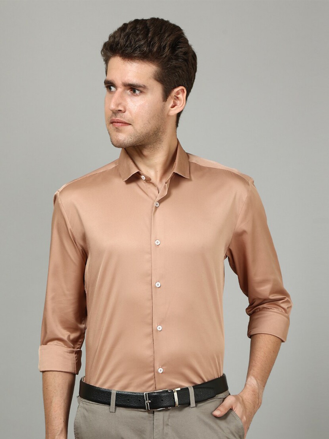 

FOGA New Spread Collar Casual Satin Shirt, Brown