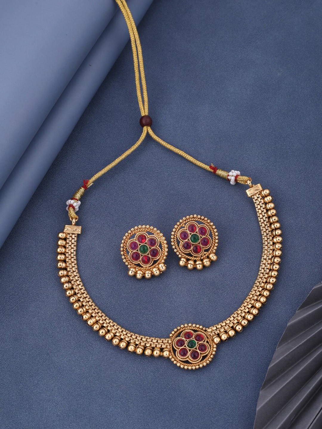 

ROFARWORD Gold-Plated Stone-Studded & Beaded Jewellery Set