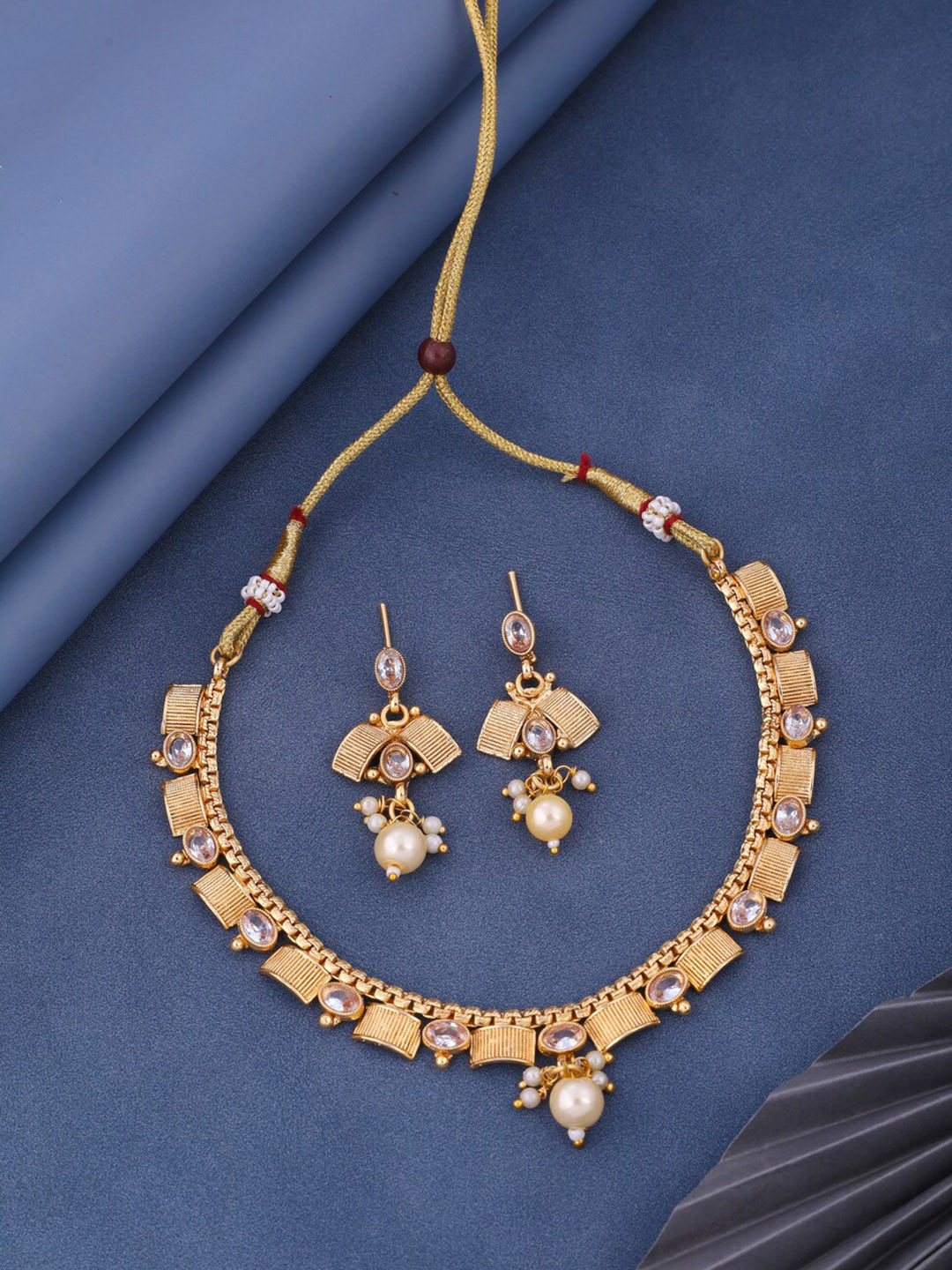 

ROFARWORD Gold-Plated Stone-Studded & Beaded Jewellery Set