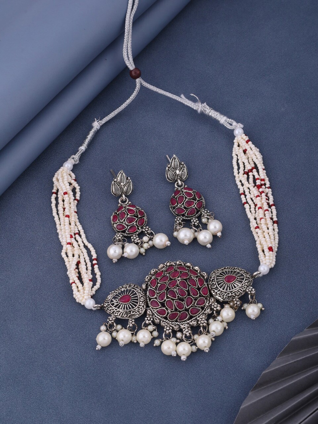 

ROFARWORD Gold-Plated Stone-Studded & Beaded Jewellery Set