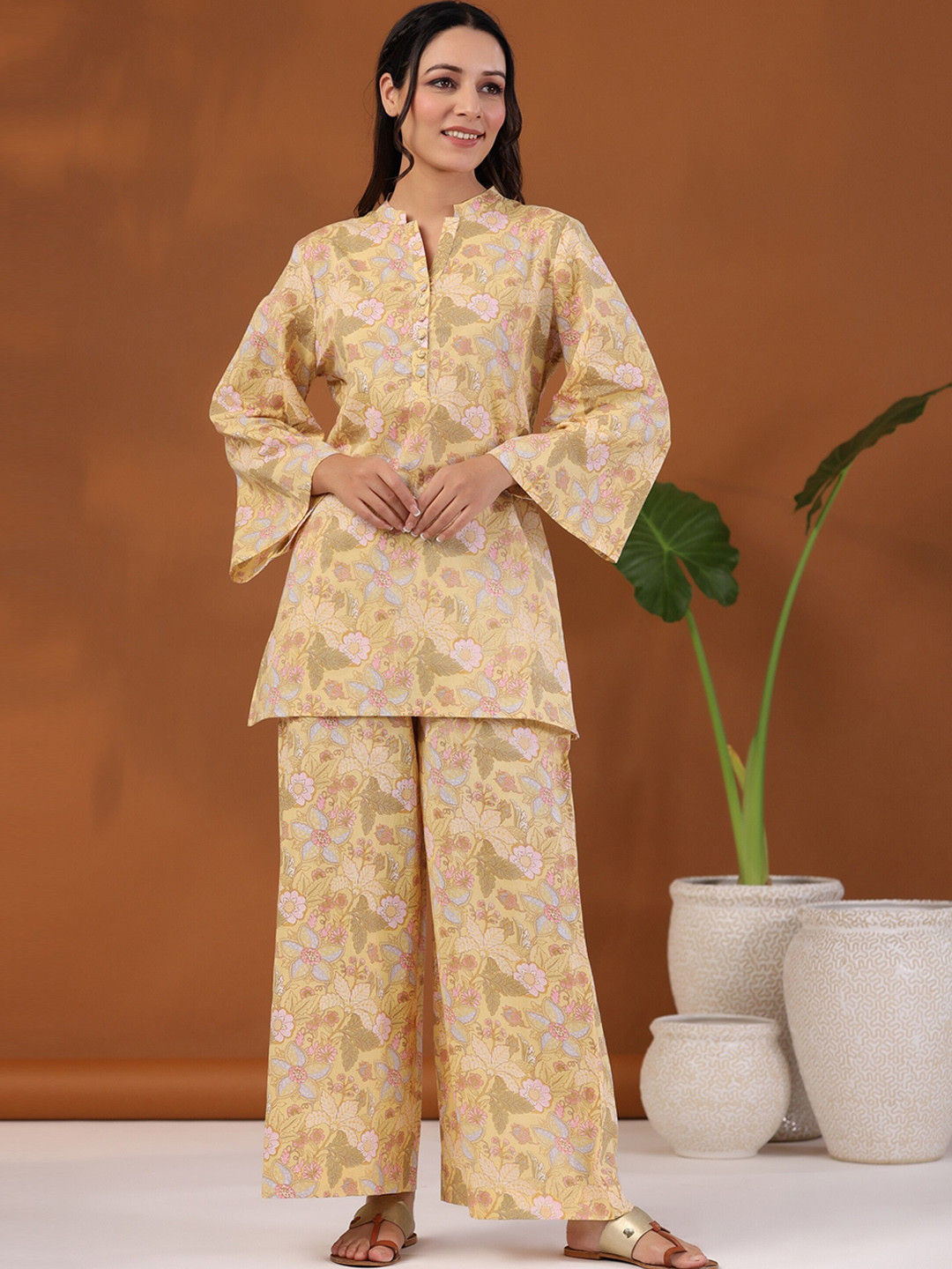 

mirari Floral Printed Pure Cotton Top With Palazzo, Yellow