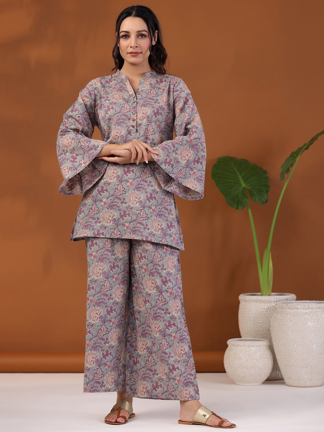 

mirari Floral Printed Pure Cotton Top With Palazzo, Grey