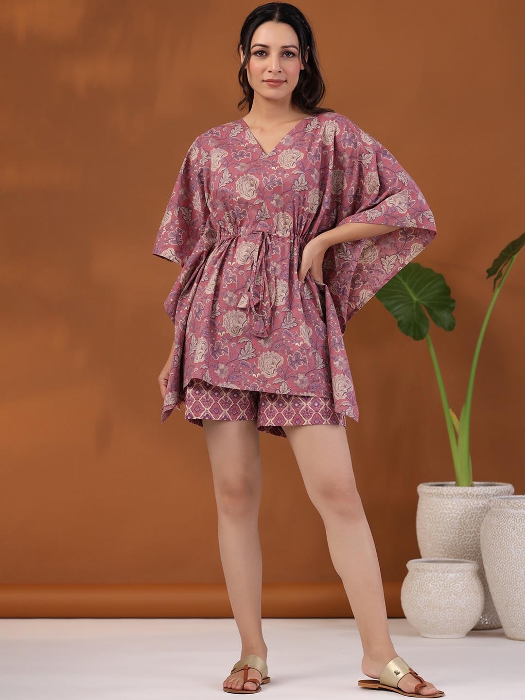 

mirari Floral Printed Kaftan Top With Shorts, Purple