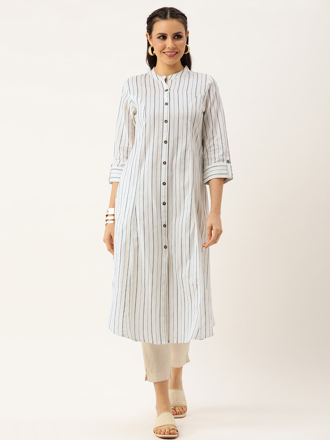 

AMUKTI Striped Band Collar Roll-Up Sleeves Kurta, White