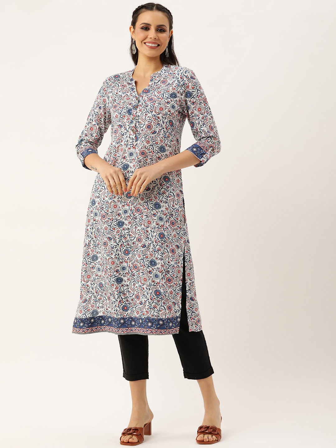 

AMUKTI Floral Printed Mandarin Collar Kurta, White