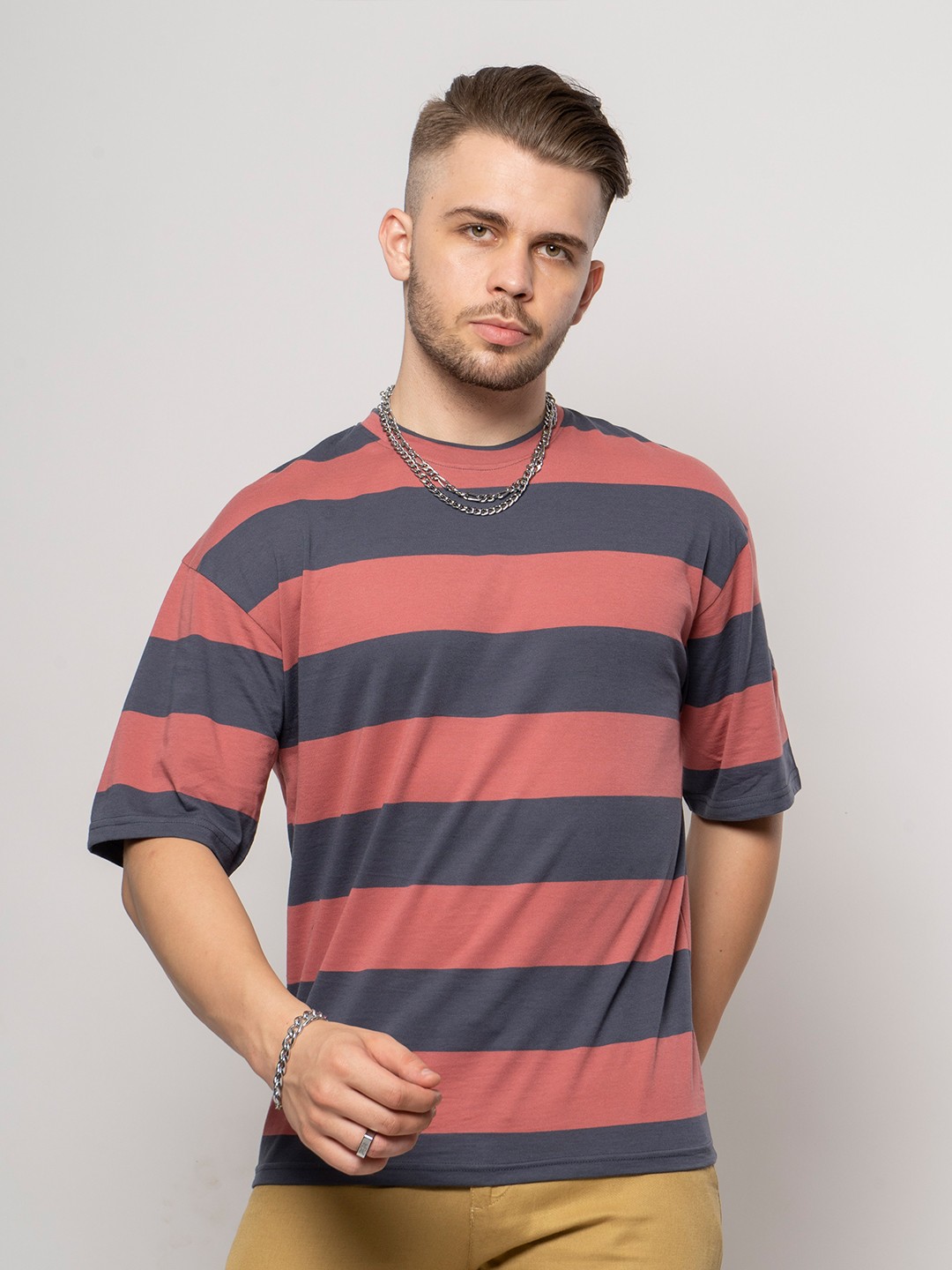 

7Shores Horizontal Striped Drop Shoulder Sleeves Cotton T-Shirt, Orange