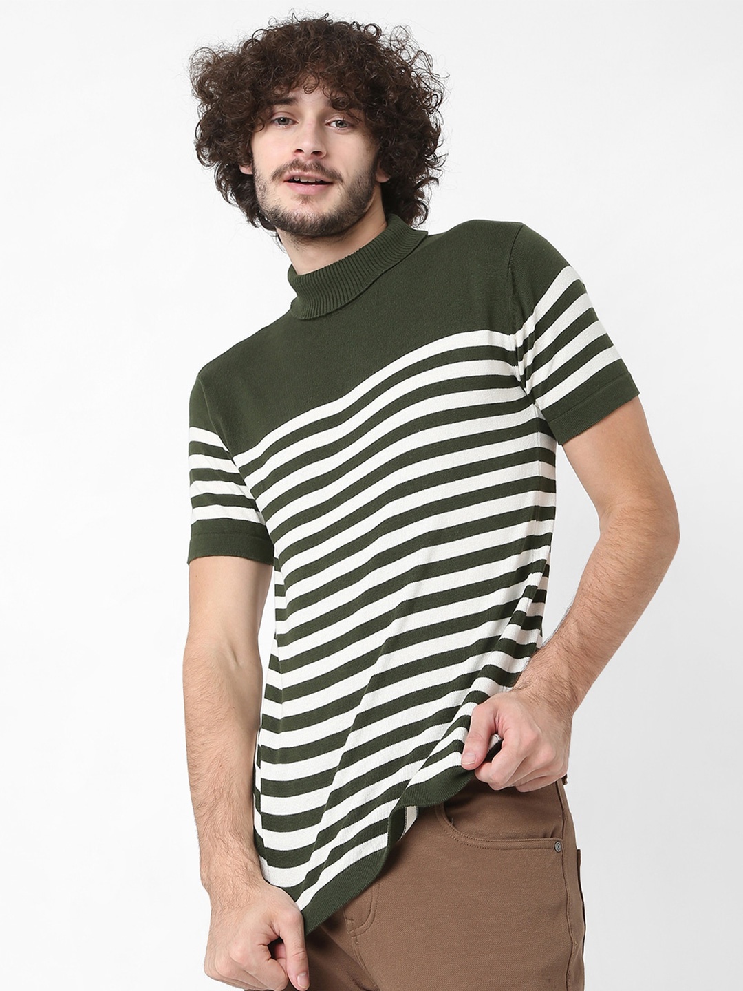 

7Shores Striped High Neck Cotton T-shirt, Olive