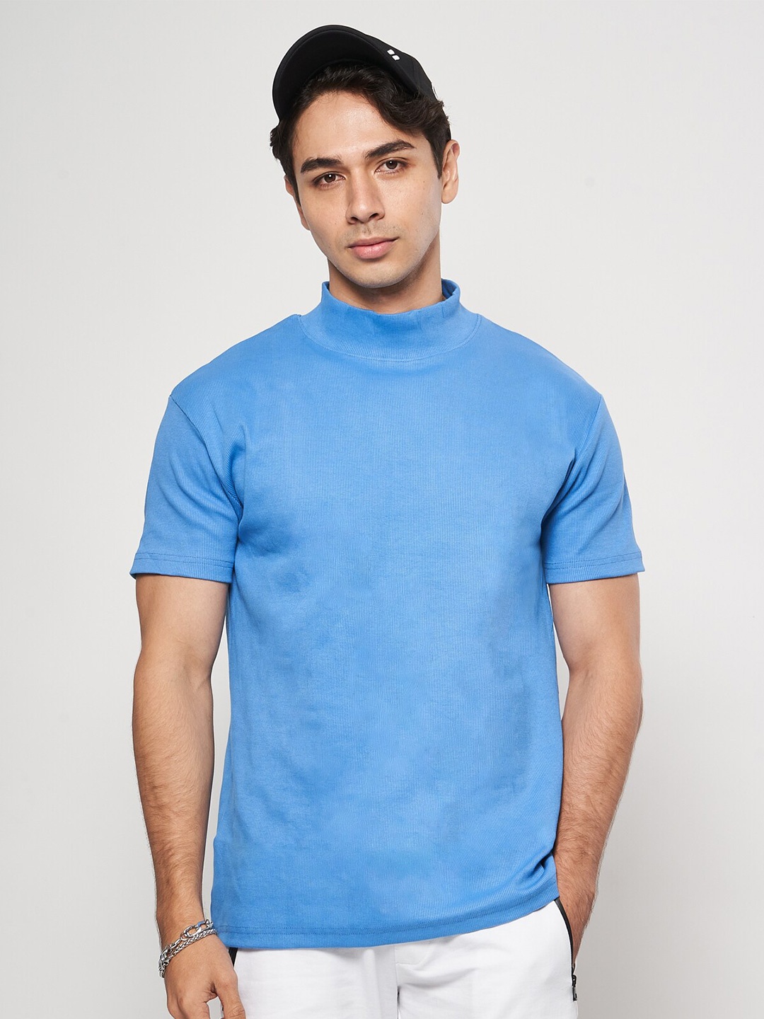 

7Shores High Neck Cotton Relaxed Fit T-shirt, Blue