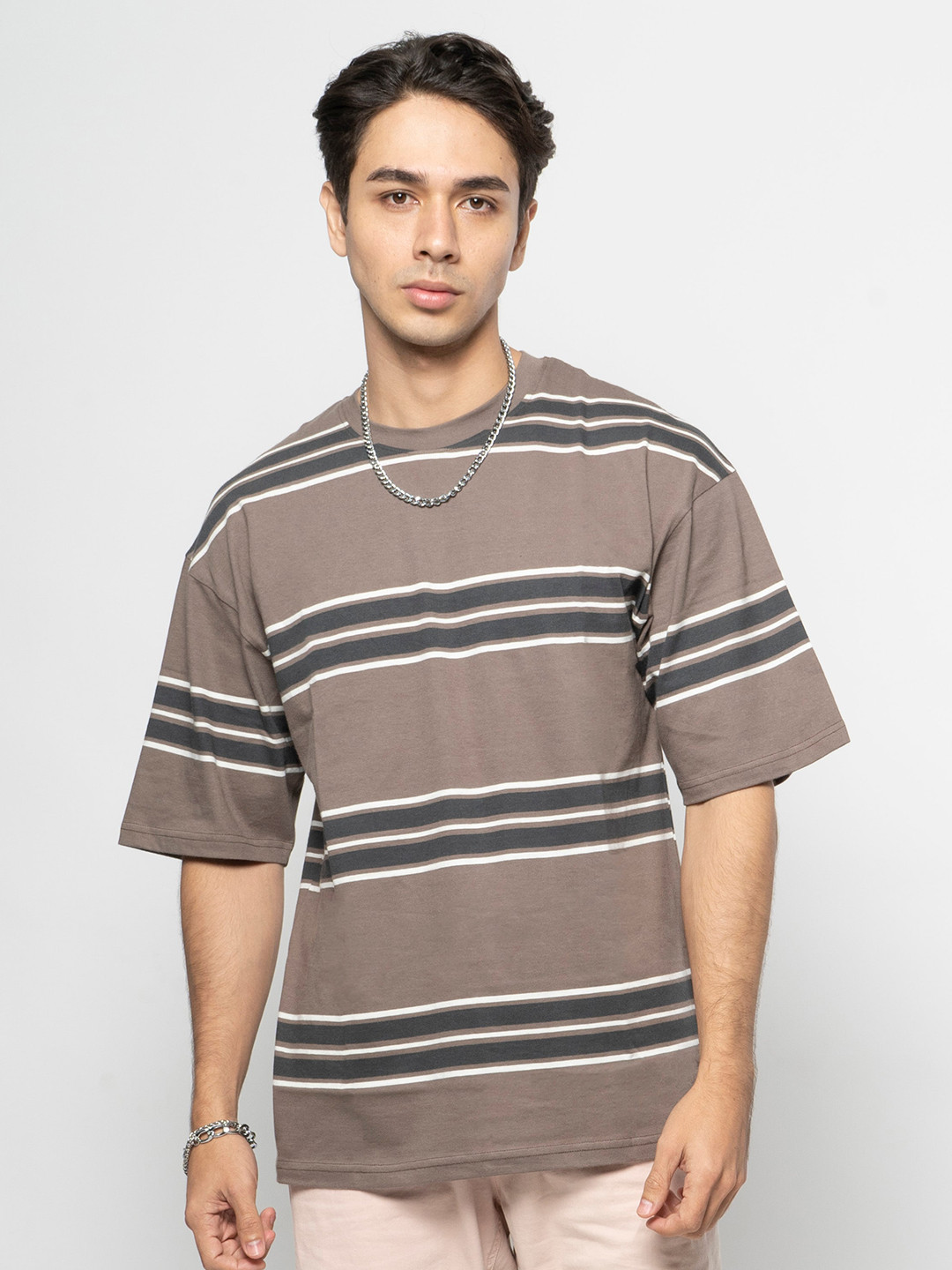 

7Shores Horizontal Striped Drop Shoulder Sleeves Cotton T-Shirt, Brown