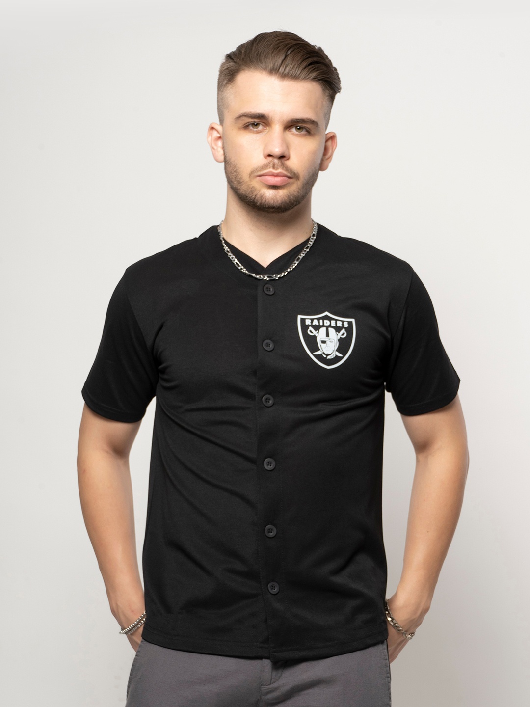 

7Shores Graphic Printed V-Neck Collarless Cotton Shirt, Black