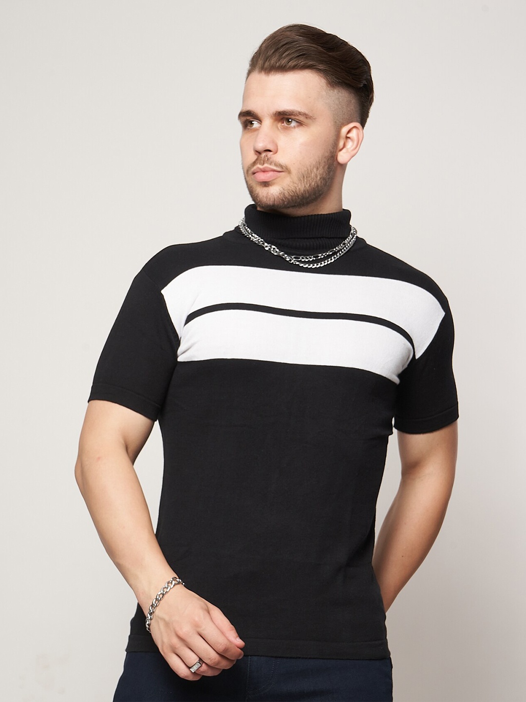 

7Shores Colourblocked Turtle Neck Cotton T-shirt, Black