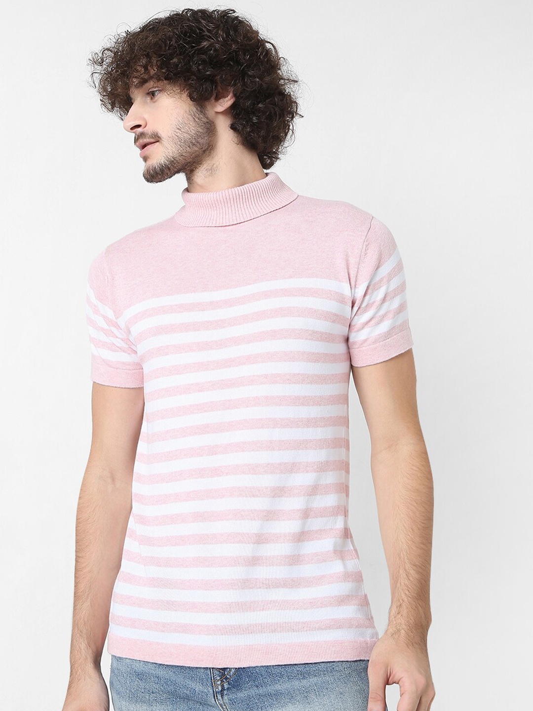 

7Shores Horizontal Striped High Neck Cotton T-Shirt, Pink
