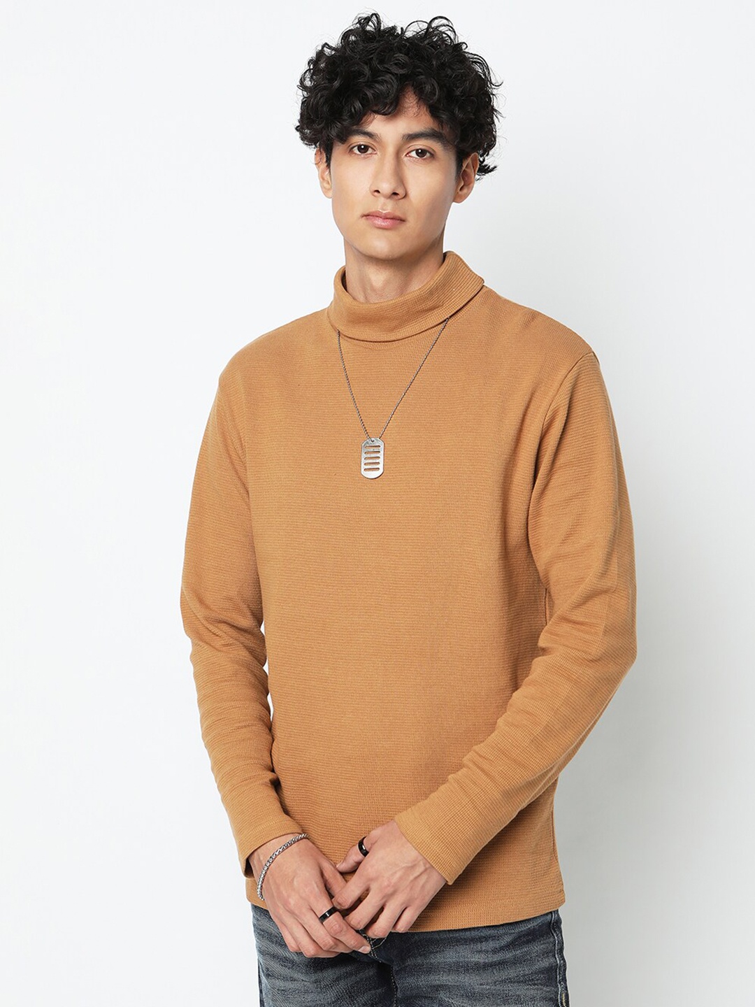 

7Shores Self Design High Neck Relaxed Fit Cotton Casual T-Shirt, Brown