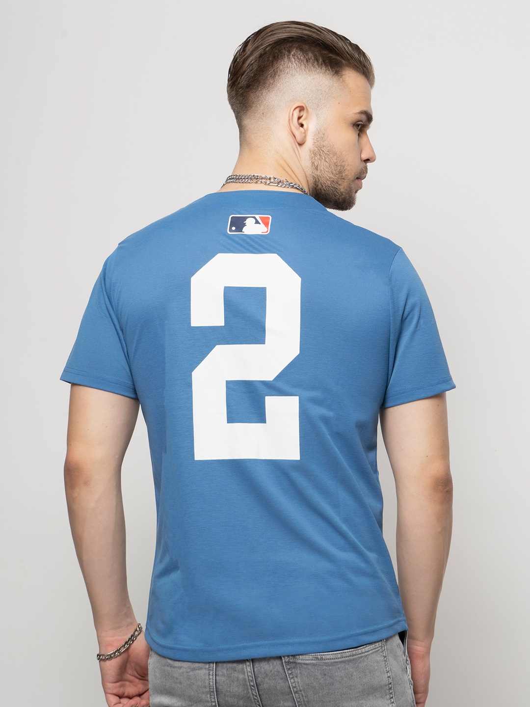 

7Shores Typography Printed V-Neck Collarless Cotton Shirt, Blue