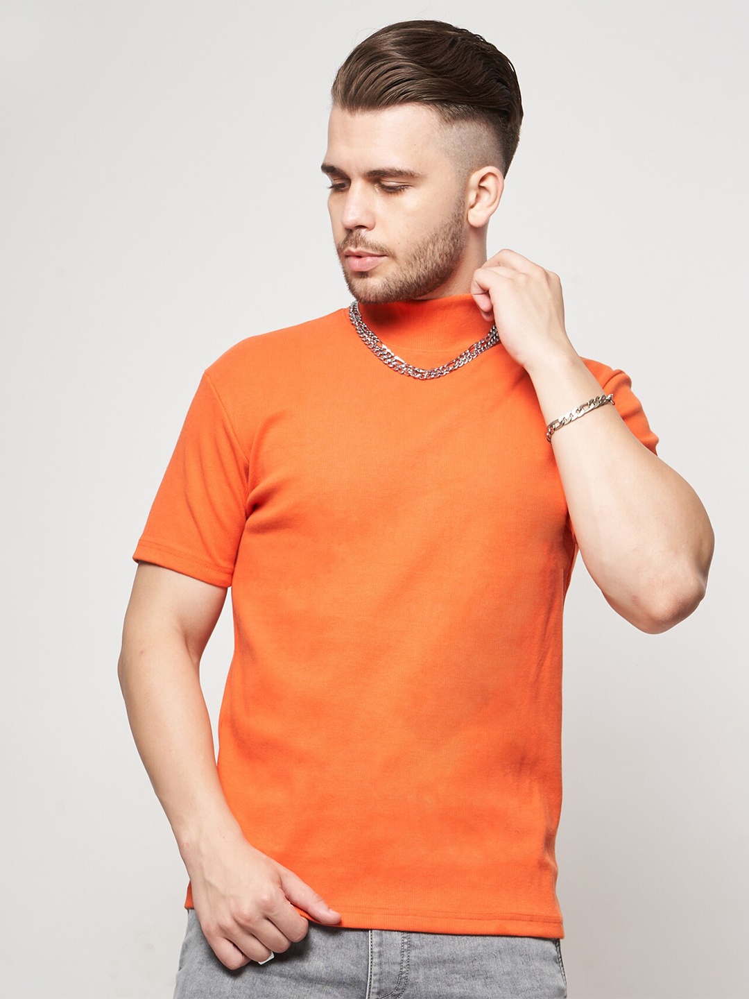 

7Shores Self Design High Neck Relaxed Fit Cotton Casual T-Shirt, Orange