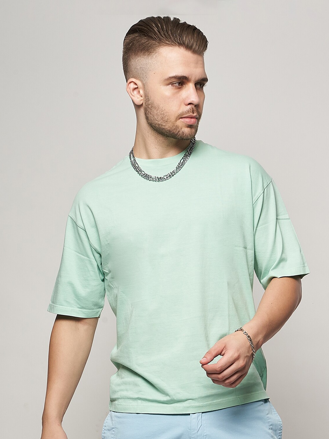 

7Shores Round Neck Drop Shoulder Sleeves Cotton T-Shirt, Green