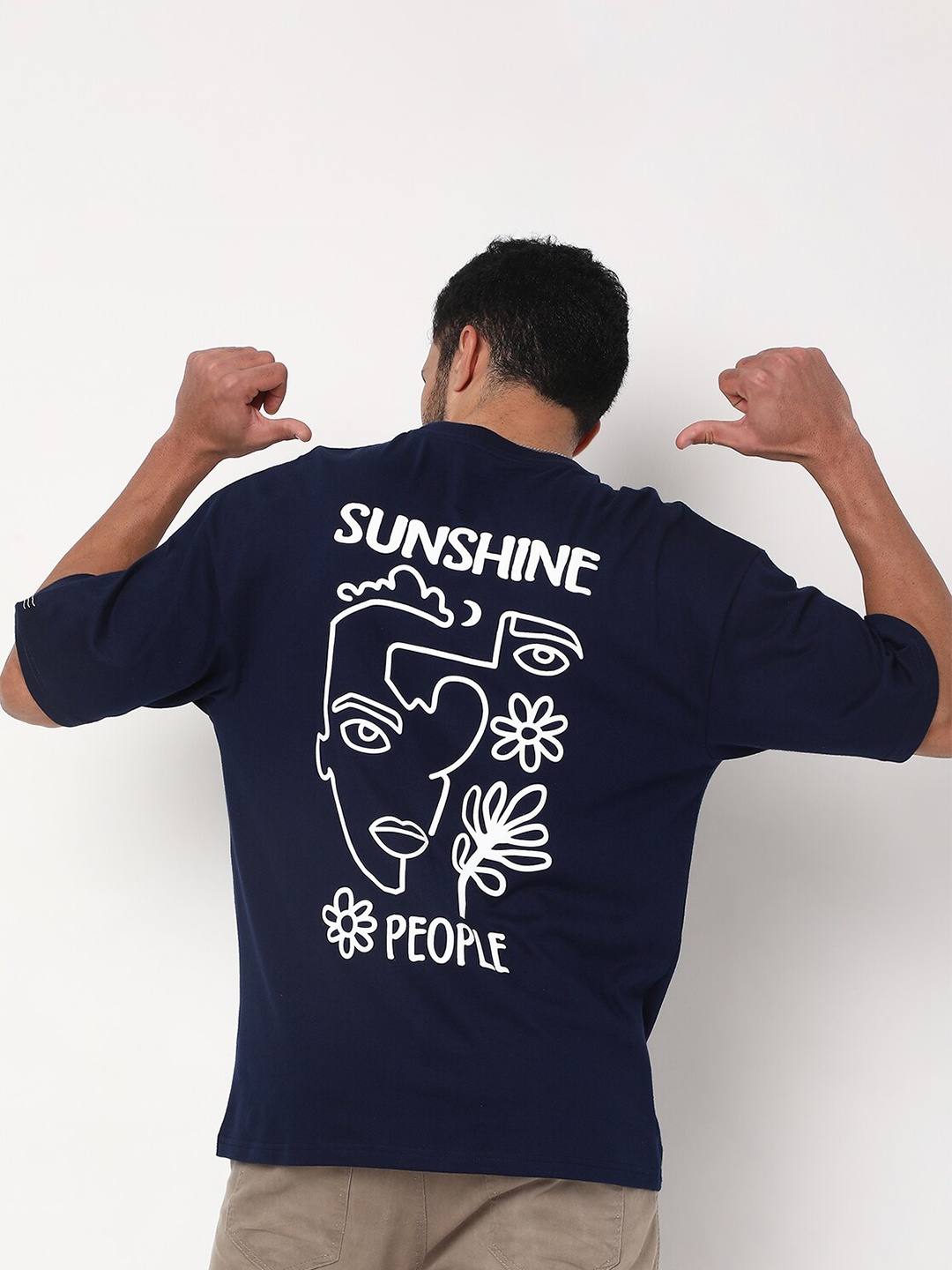 

7Shores Graphic Printed Drop-Shoulder Sleeves Cotton Oversized T-shirt, Navy blue