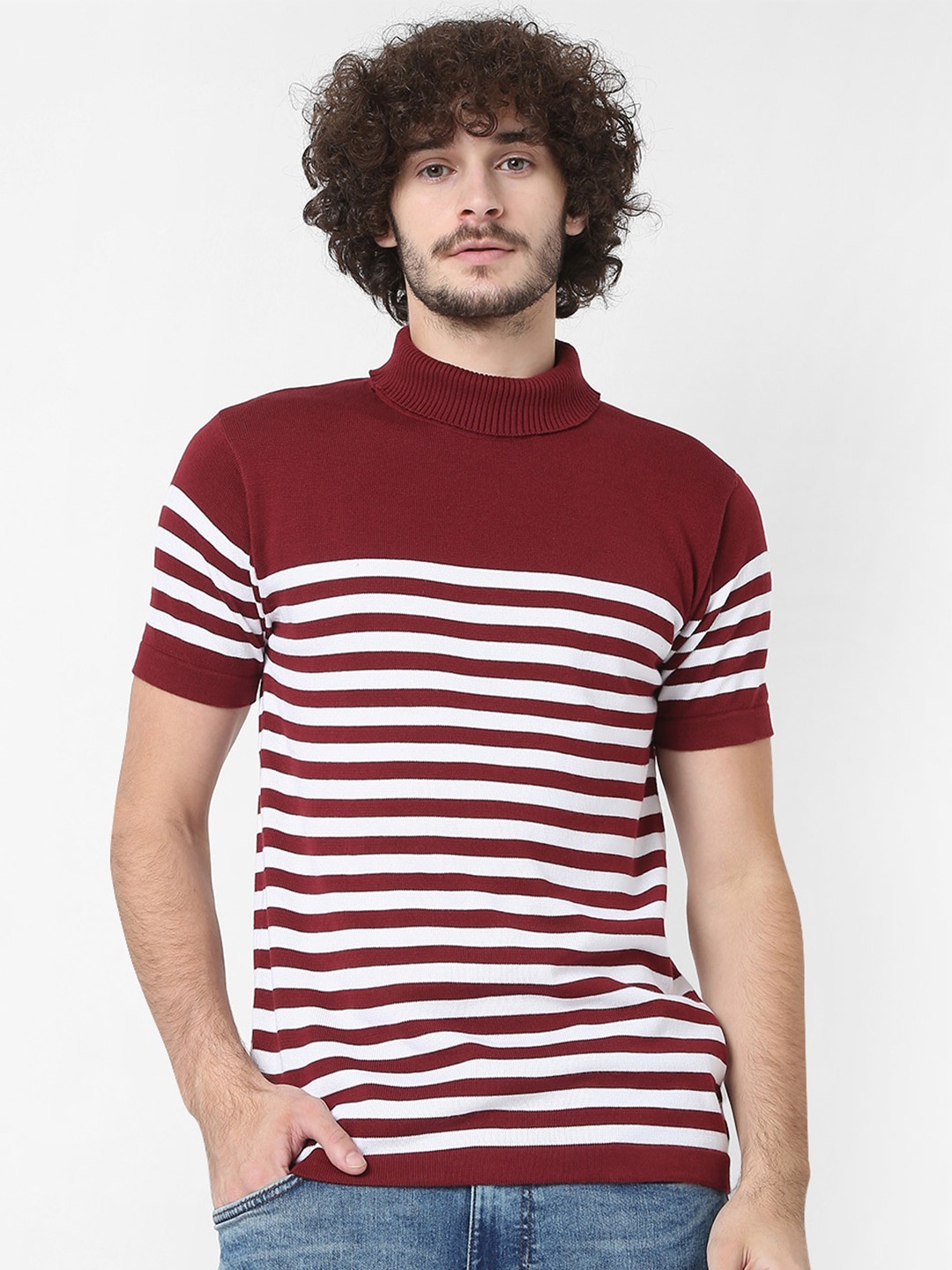 

7Shores Striped High Neck Relaxed Fit Cotton Casual T-Shirt, Red