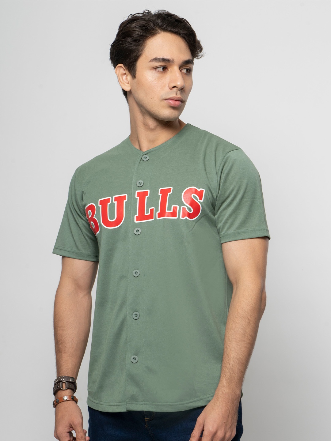 

7Shores Typography Printed Collarless Cotton Shirt, Green