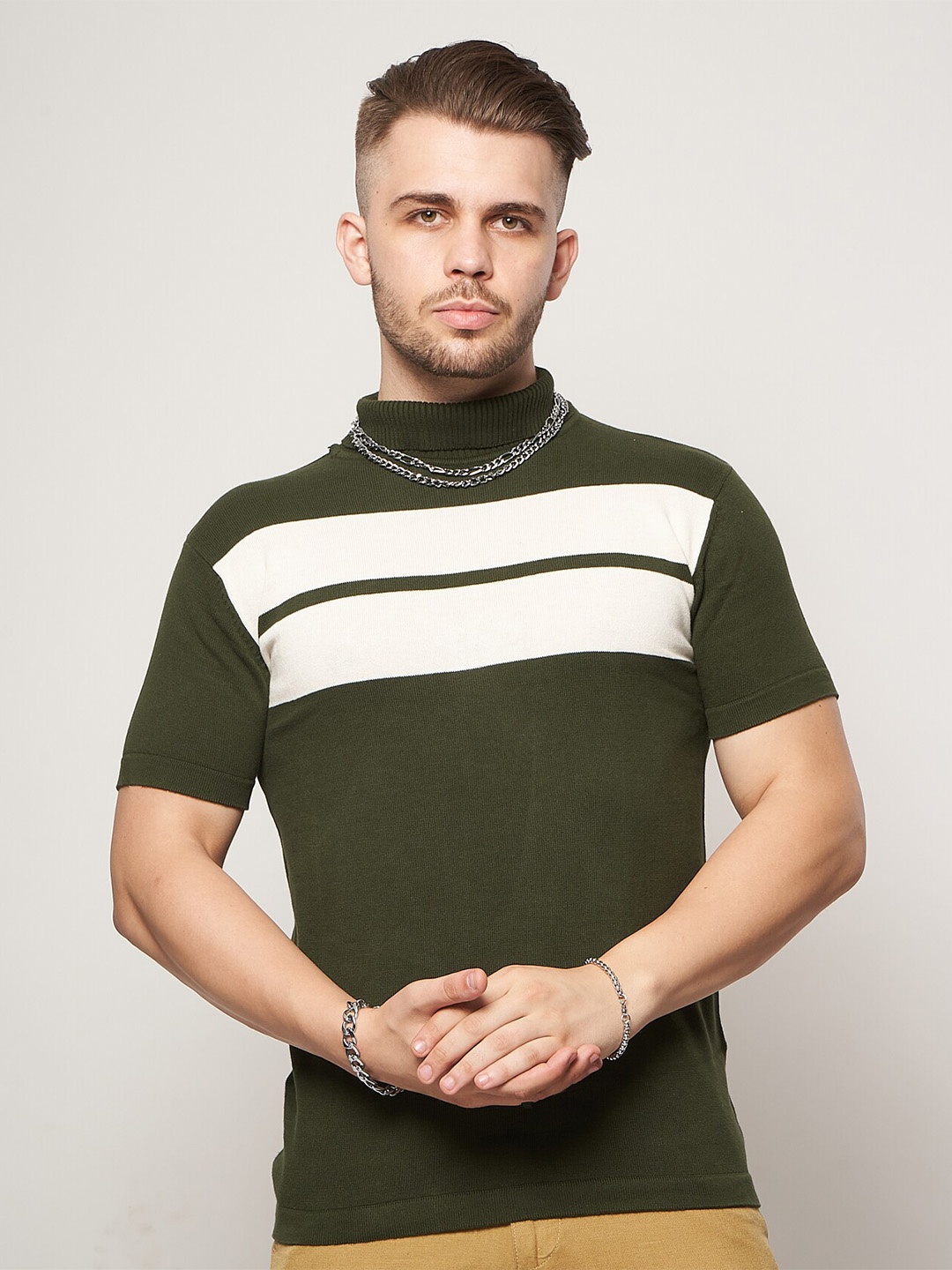 

7Shores Colourblocked Turtle Neck Relaxed Fit Cotton T-shirt, Olive