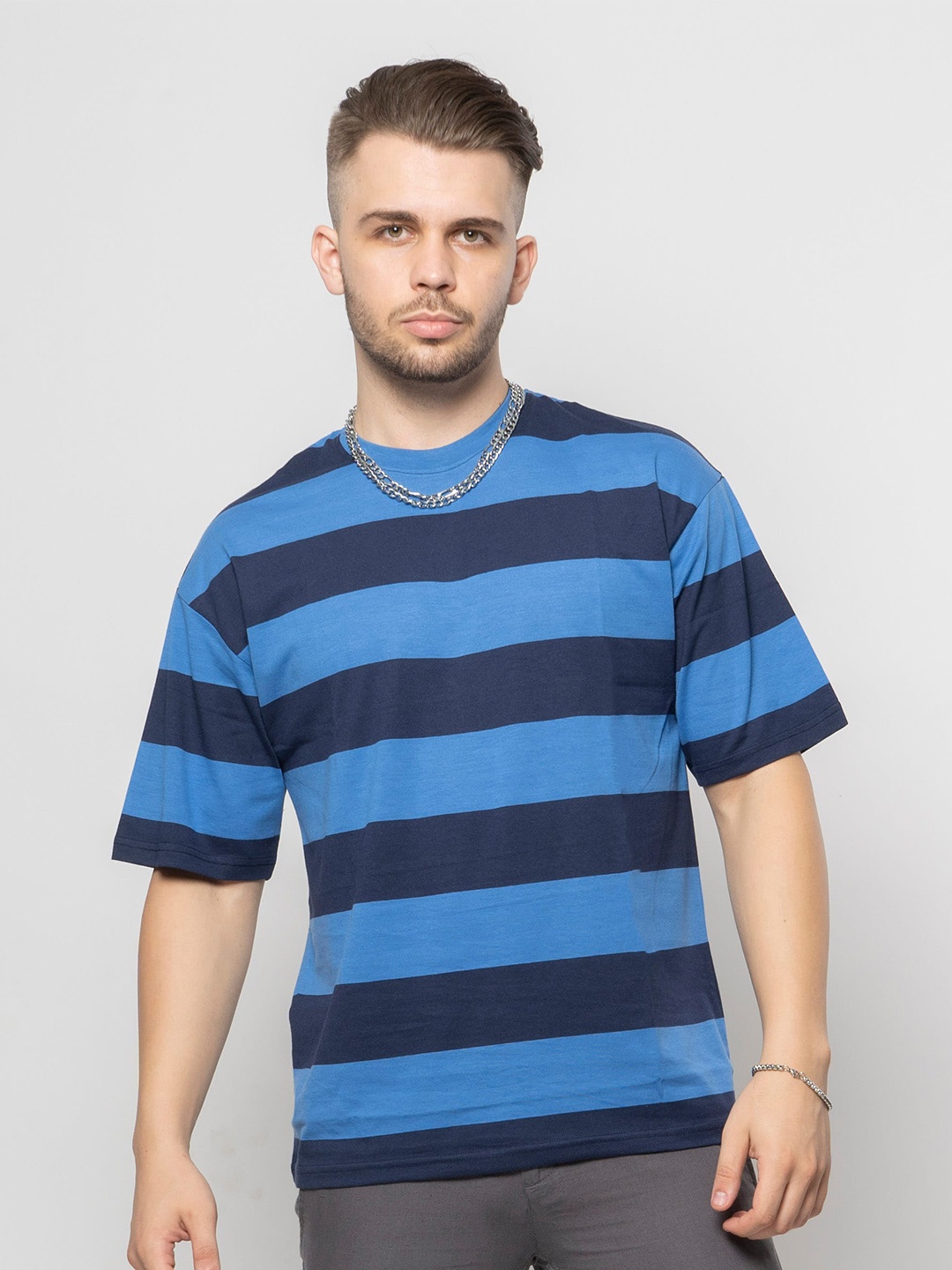 

7Shores Striped Drop Shoulder Sleeves Relaxed Fit Cotton T-shirt, Blue