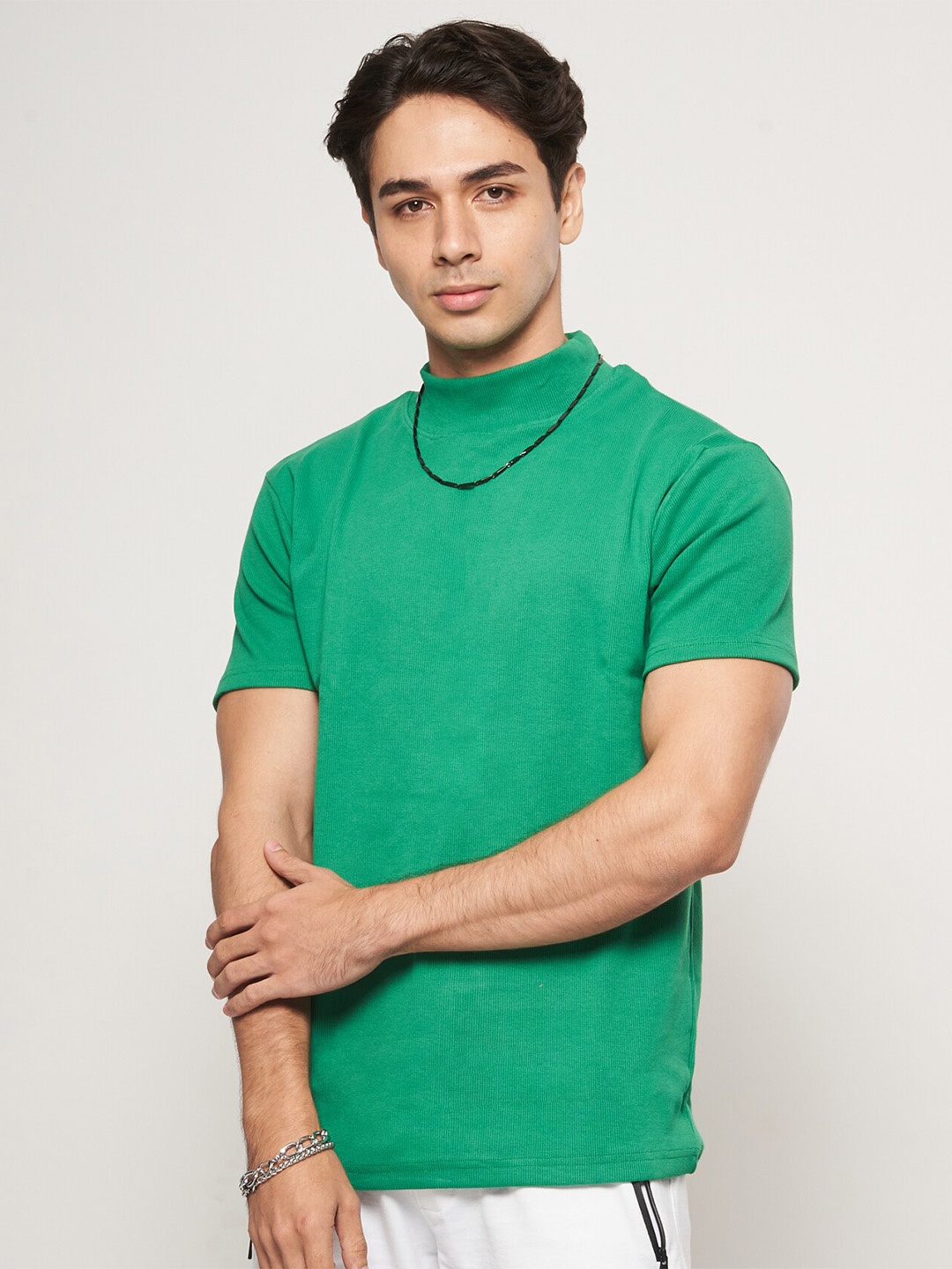 

7Shores High Neck Cotton Relaxed Fit T-shirt, Green