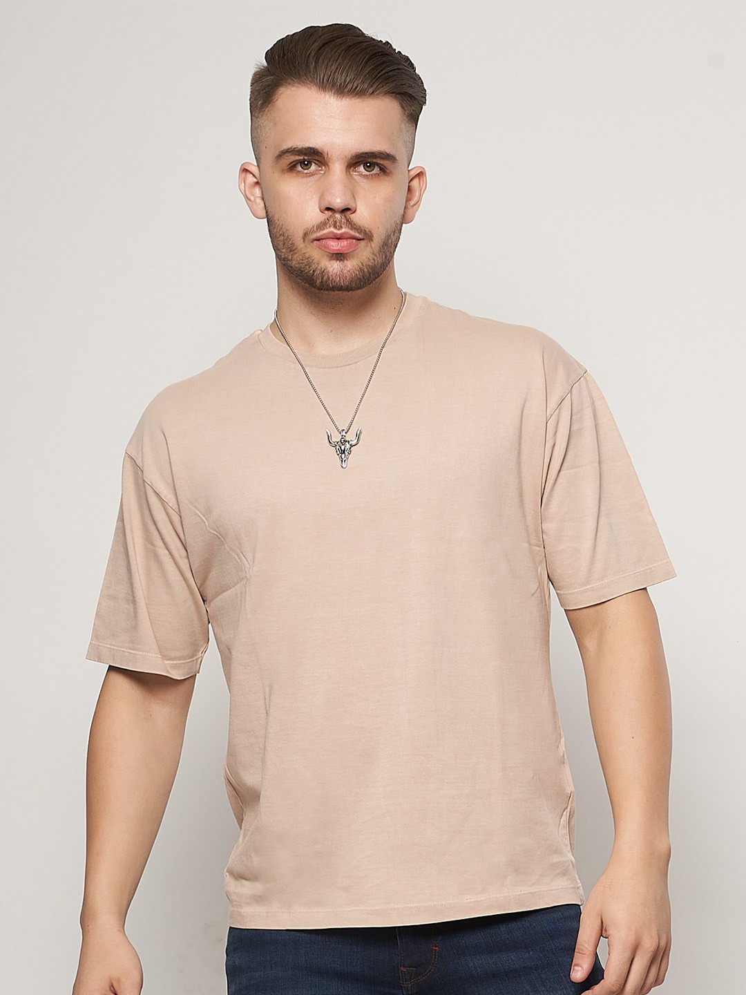 

7Shores Round Neck Relaxed Fit Cotton Casual T-Shirt, Beige