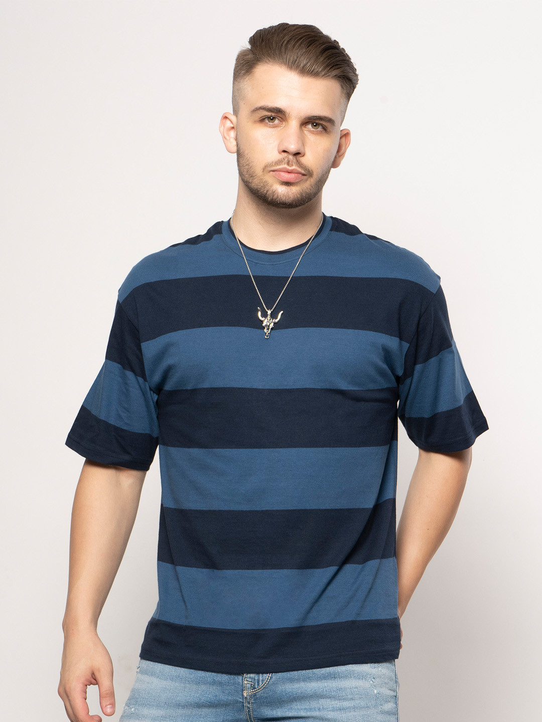 

7Shores Striped Round Neck Cotton T-shirt, Navy blue