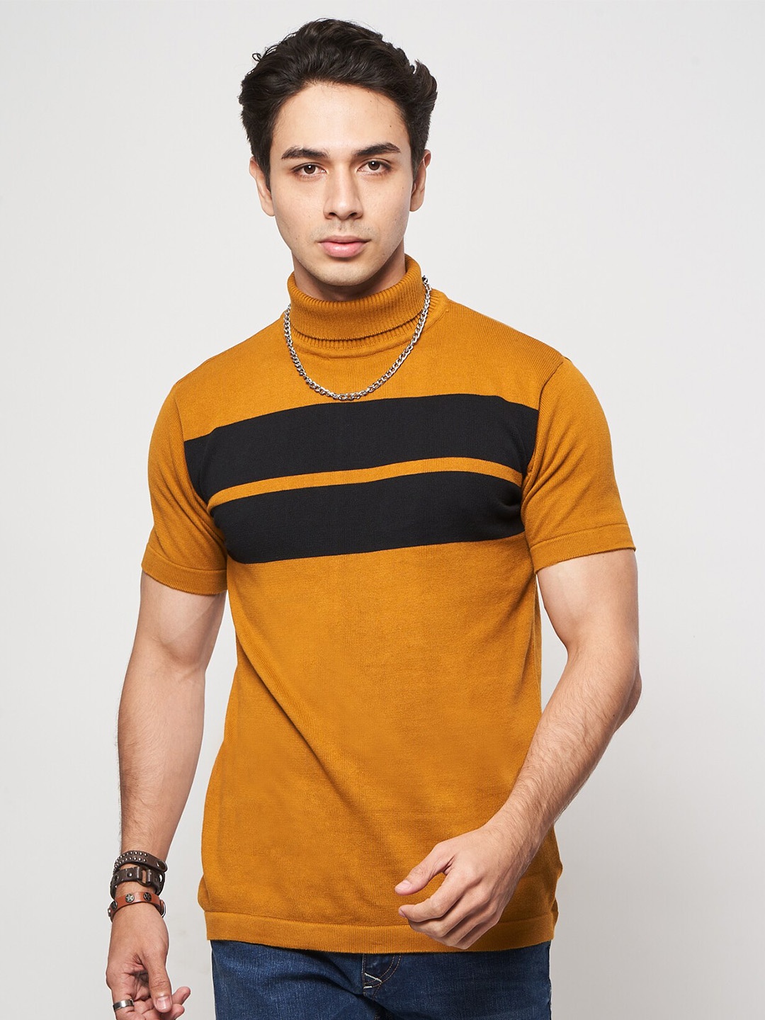 

7Shores Colourblocked Turtle Neck Relaxed Fit Cotton T-shirt, Mustard