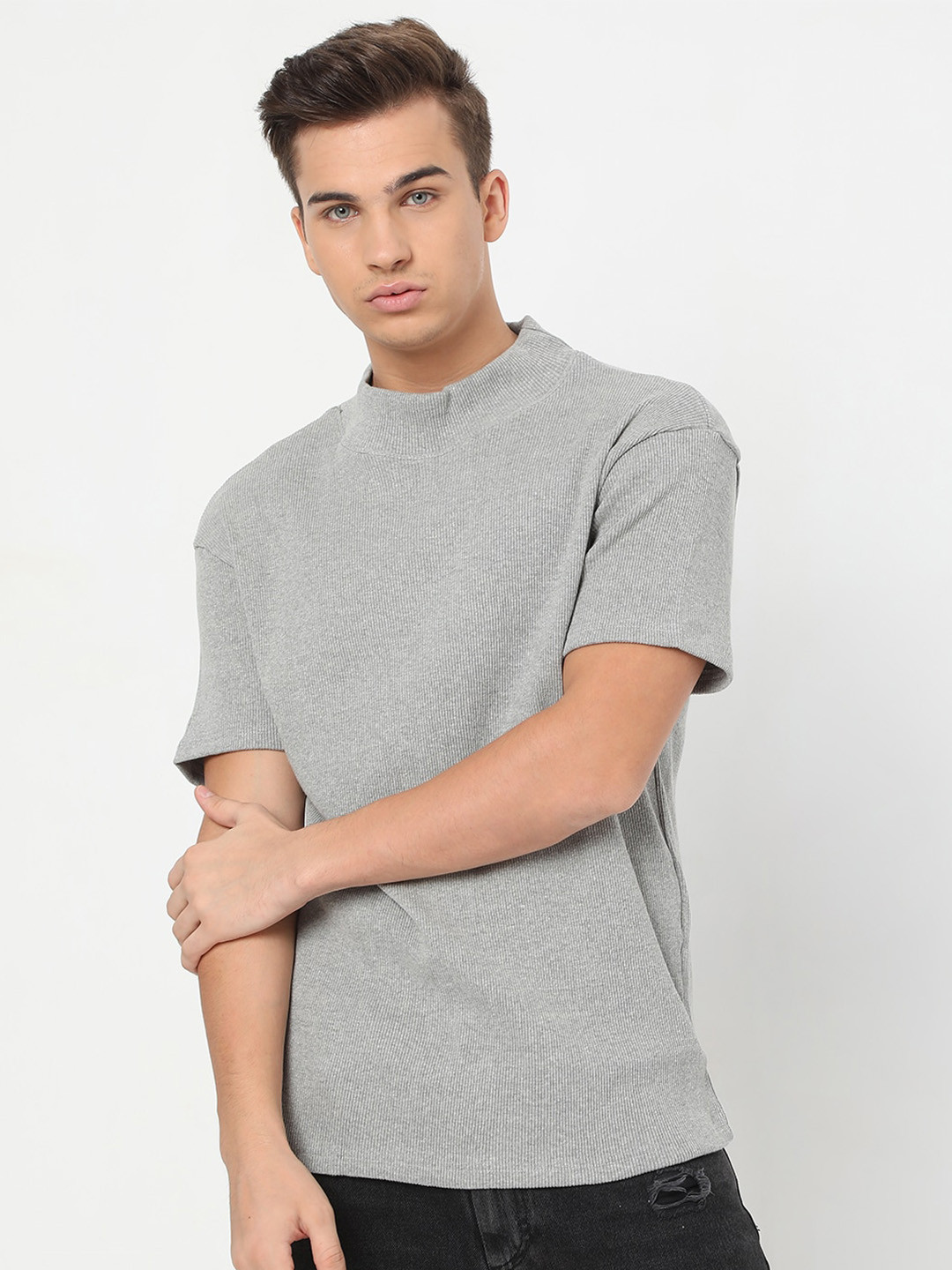 

7Shores High Neck Cotton T-shirt, Grey