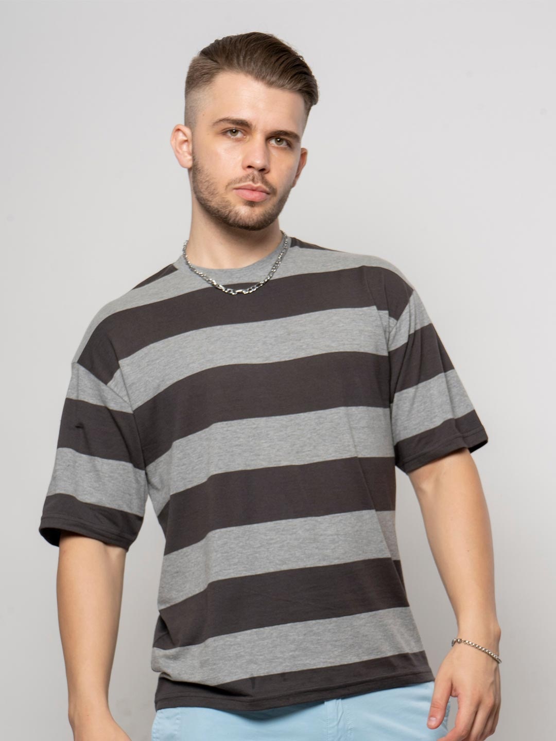 

7Shores Striped Round Neck Cotton T-shirt, Grey