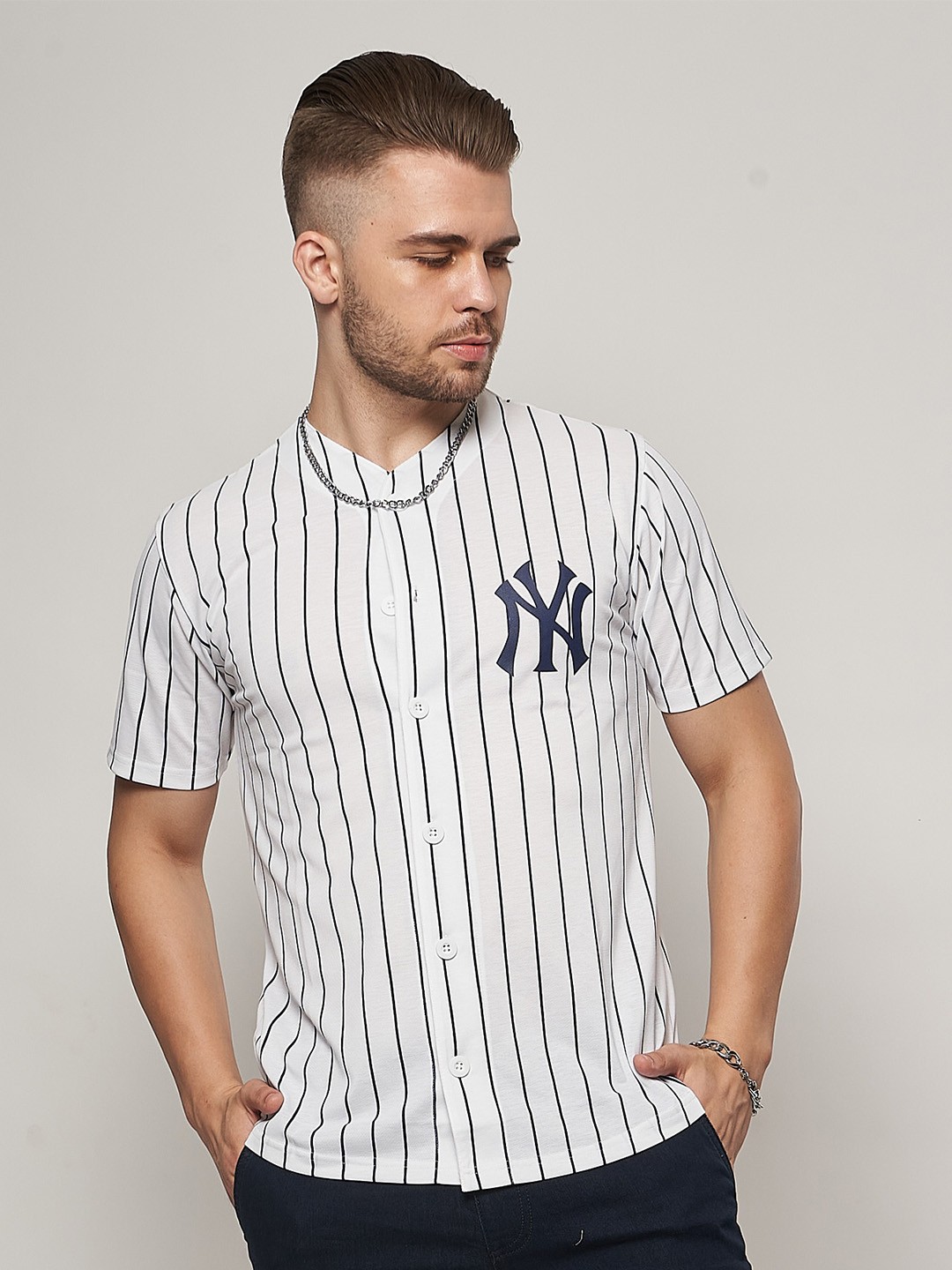 

7Shores Vertical Striped Collarless Cotton Shirt, White
