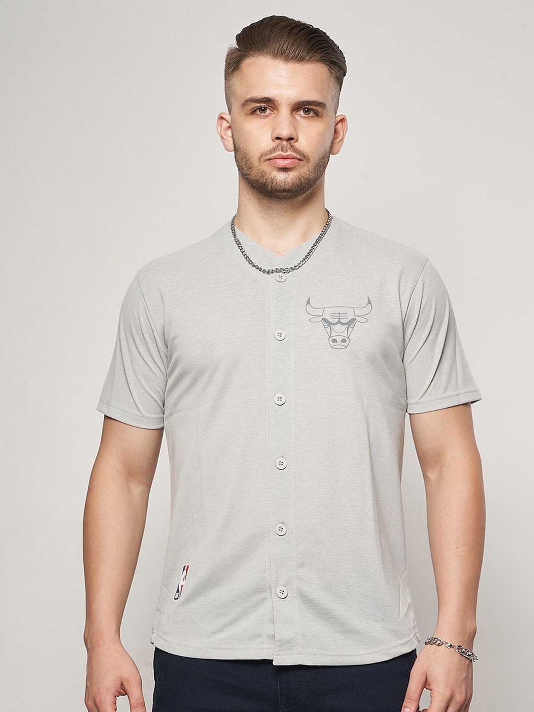 

7Shores Round Neck Collarless Cotton Shirt, Grey