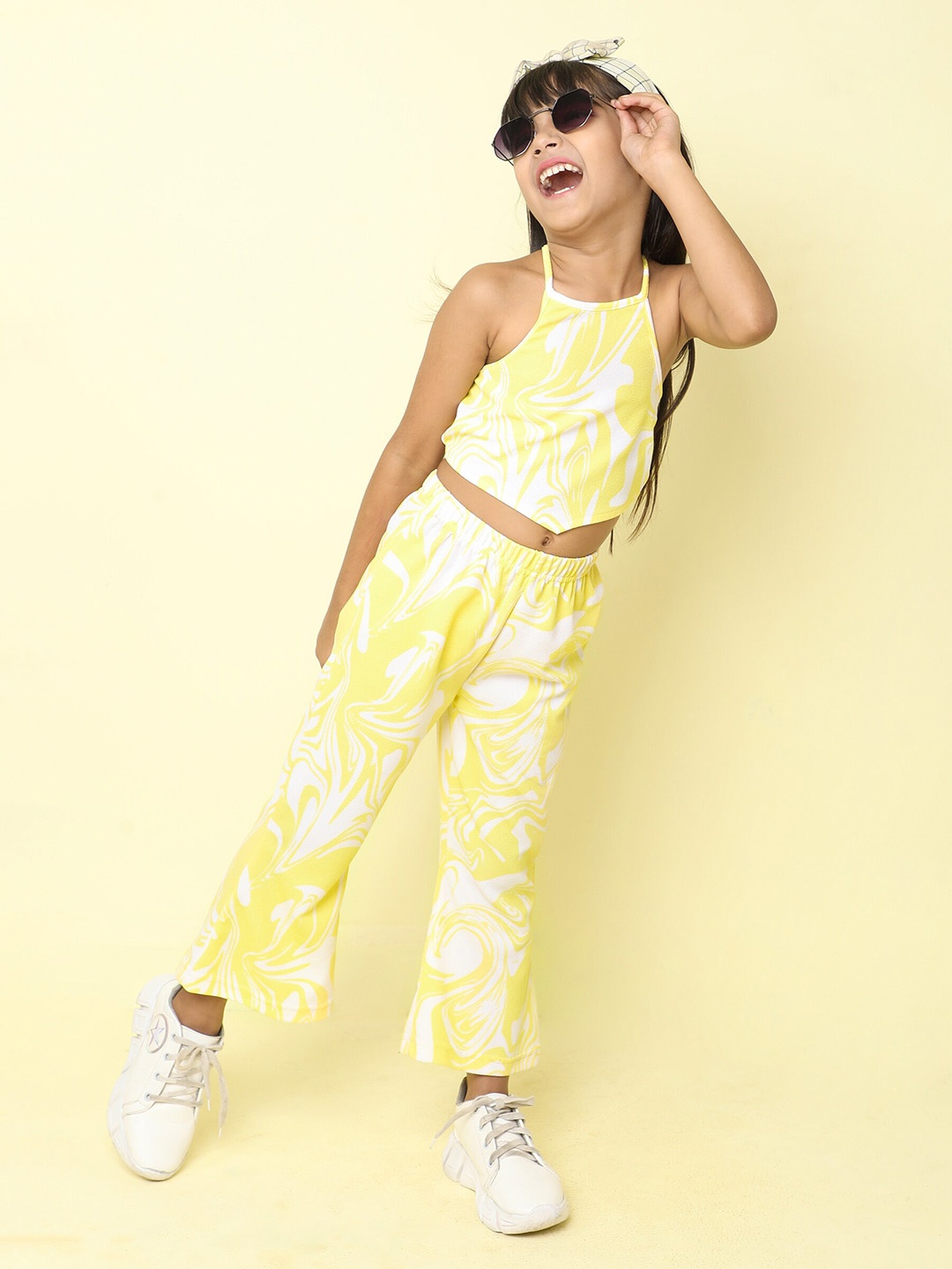 

taffykids Girls Abstract Printed Halter Neck Crop Top with Trousers, Yellow