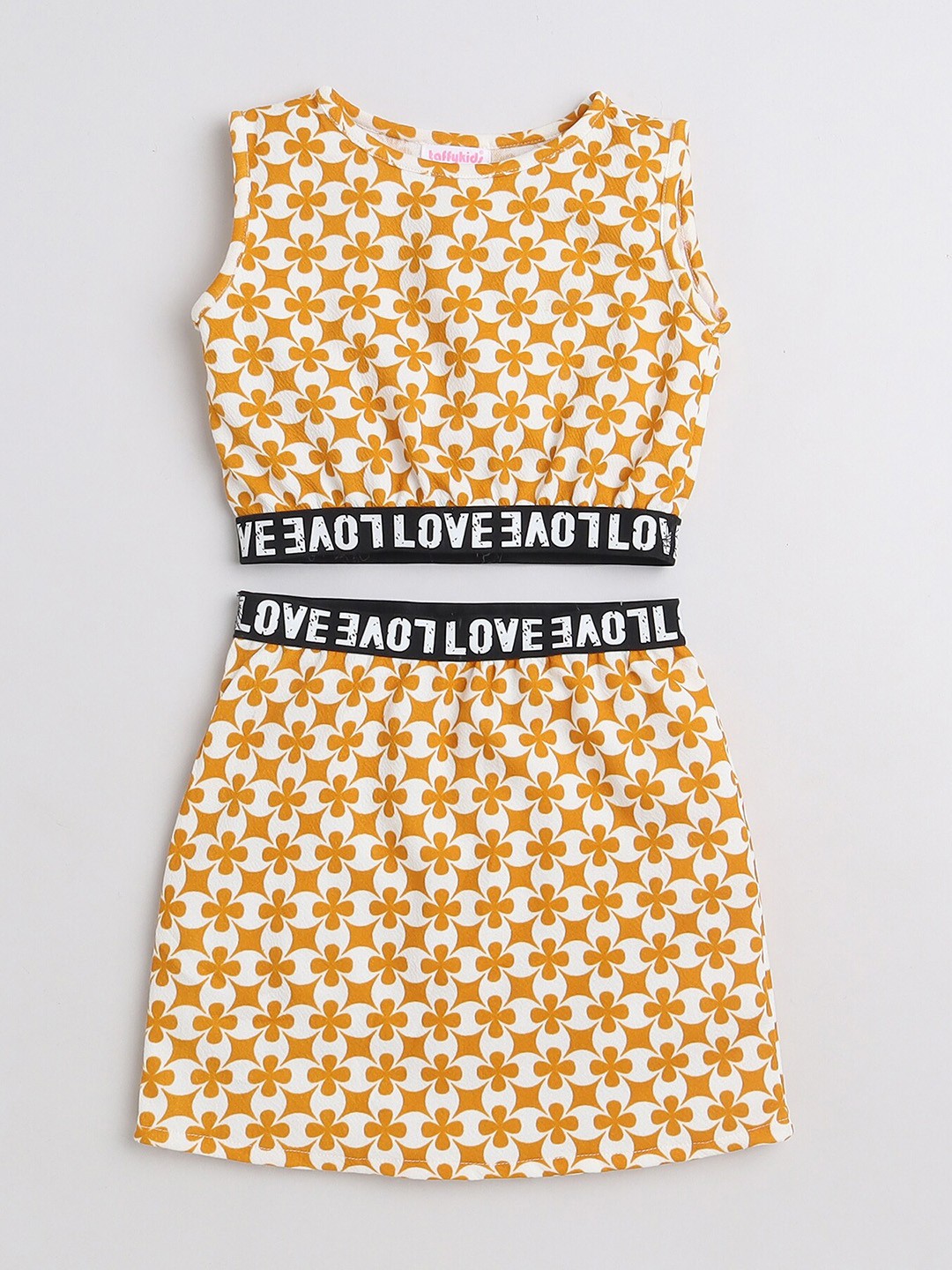 

taffykids Girls Floral Printed T-shirt with Skirt, Yellow