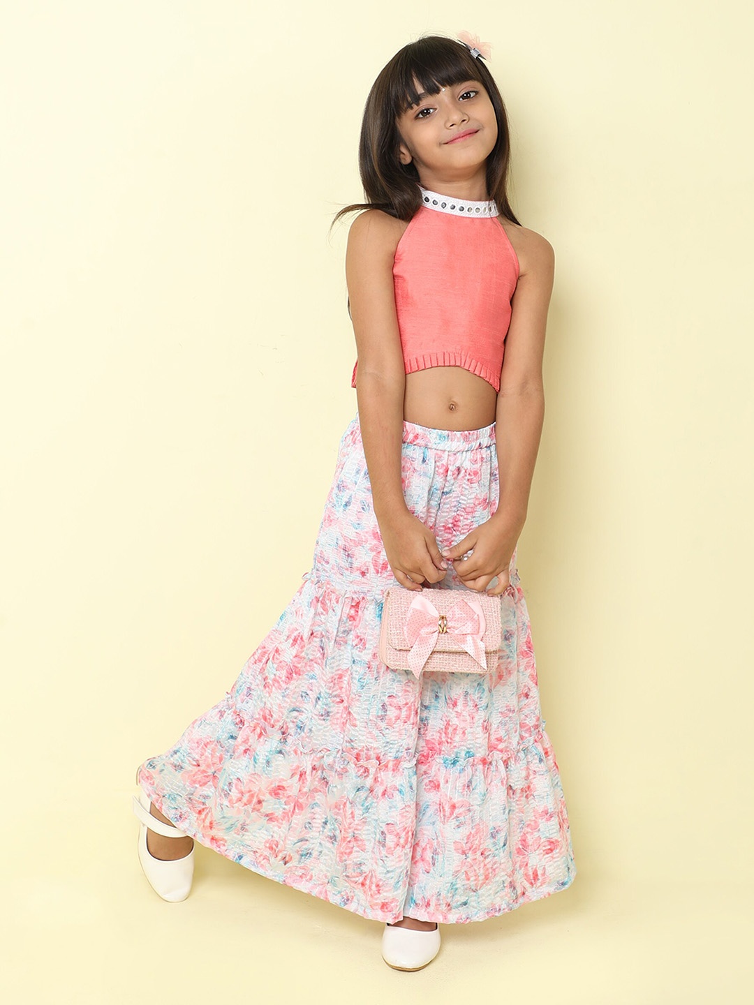 

taffykids Girls Floral Printed Top With Palazzos, Peach