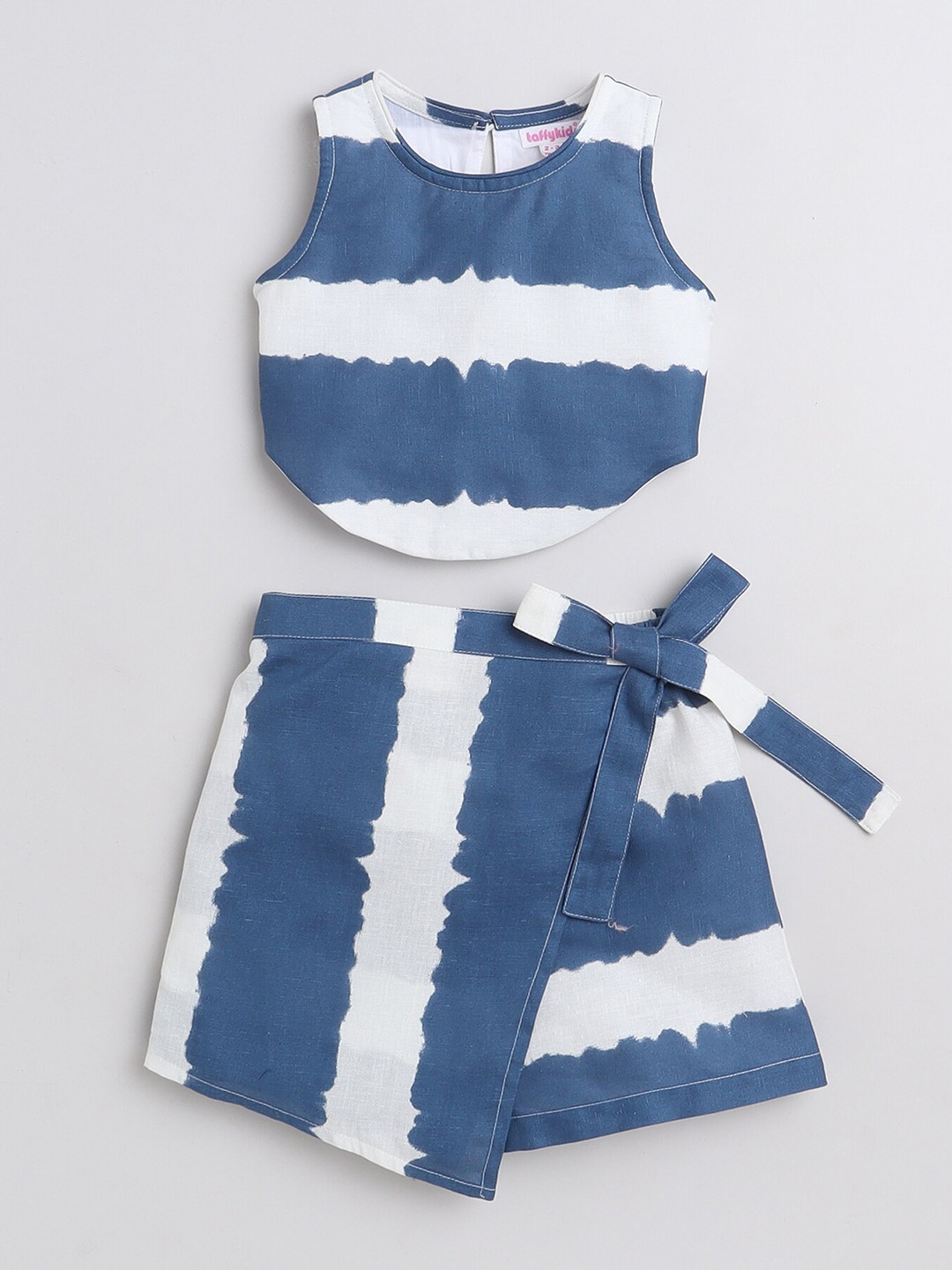 

taffykids Girls Striped Tie-Up Pure Cotton Crop Top with Skort, Blue