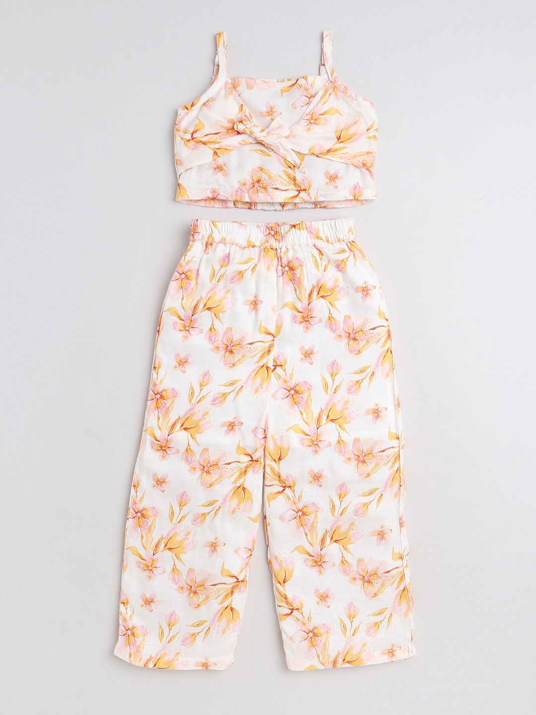 

taffykids Girls Floral Printed front Tie-Up Crop Top with Trousers, White
