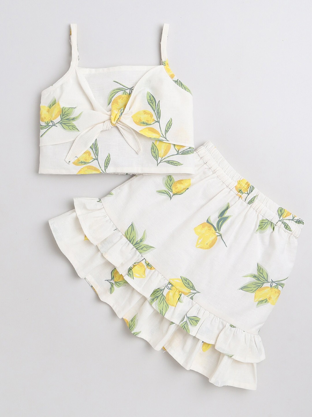 

taffykids Girls Conversational Printed Pure Linen Top With Skirt, White