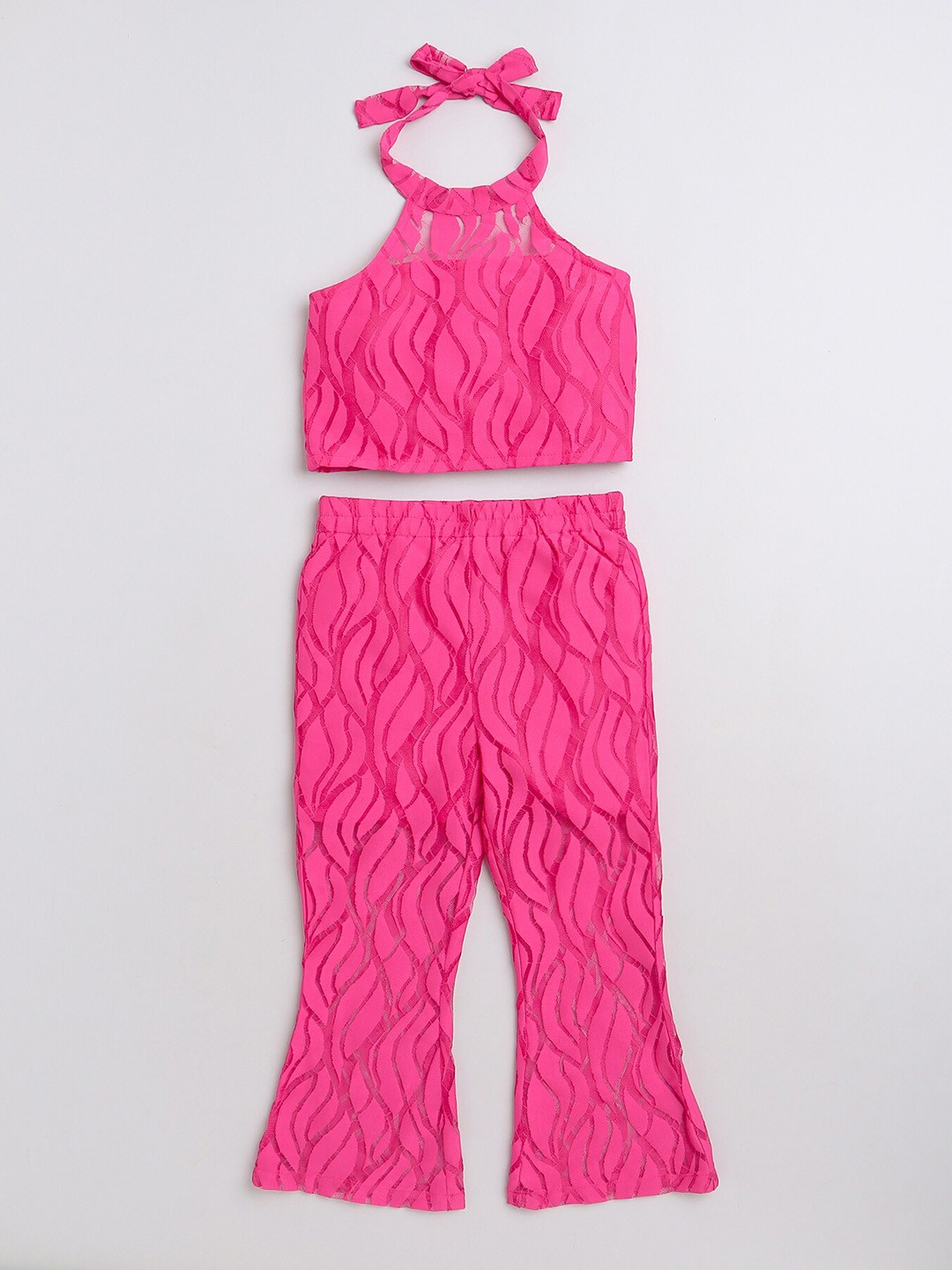 

taffykids Girls Self Design Halter Neck Crop Top with Palazzos, Pink