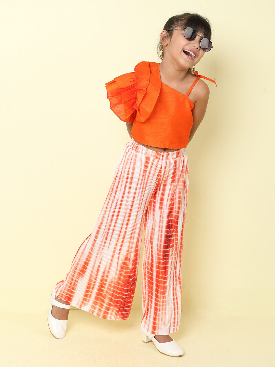 

taffykids Girls One Shoulder Ruffled Top with Tie & Dye Palazzo, Orange