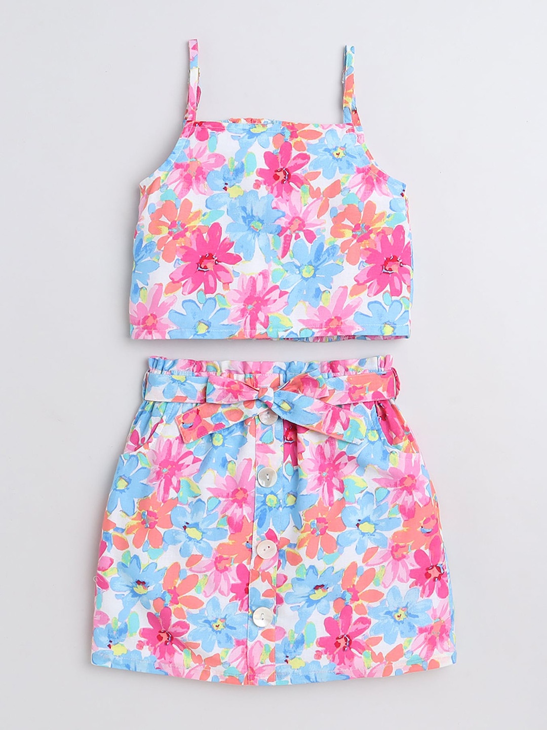 

taffykids Girls Floral Printed Pure Linen Top with Tie-Up Skirt, Blue