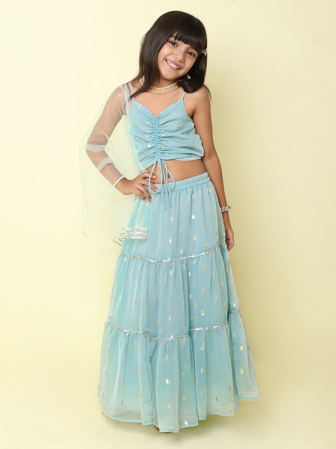 

taffykids Girls Woven Design Ruched Top with Skirt, Blue