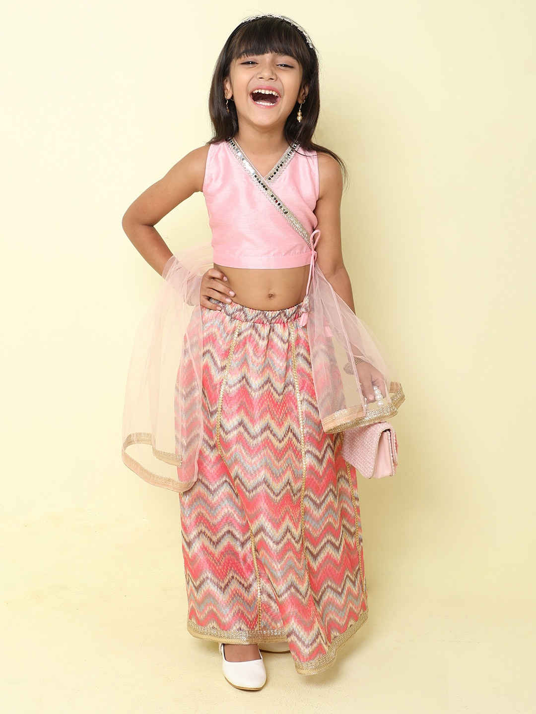 

taffykids Girls Striped Sleeveless Pure Cotton Top With Skirt & With Dupatta, Pink